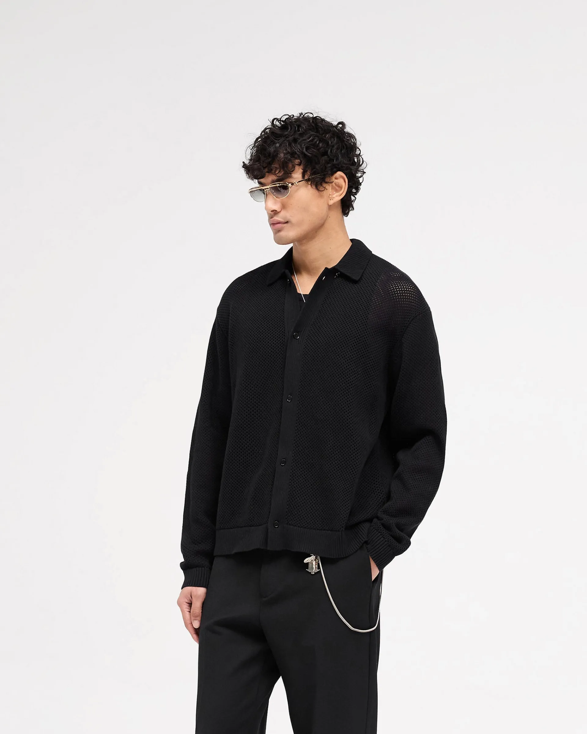 Represent Long Sleeve Mesh Knit Shirt - Jet Black> Knitwear