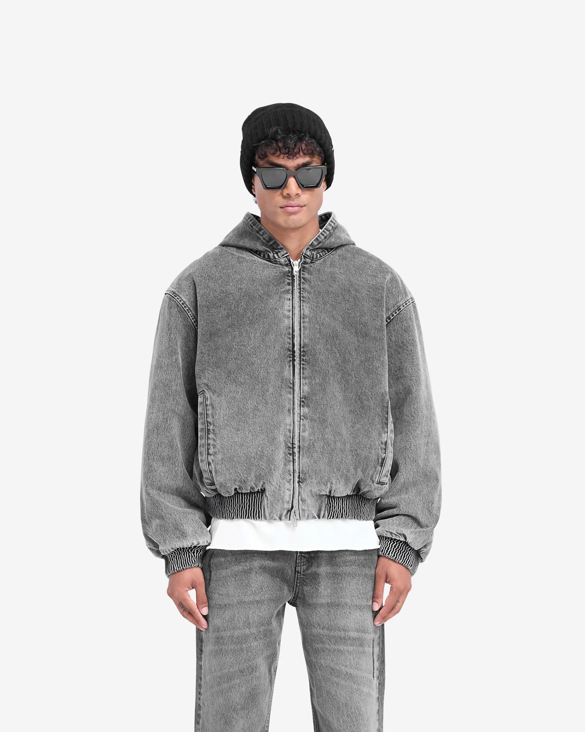 Represent R5 Hooded Denim Bomber - Charcoal Grey> Outerwear
