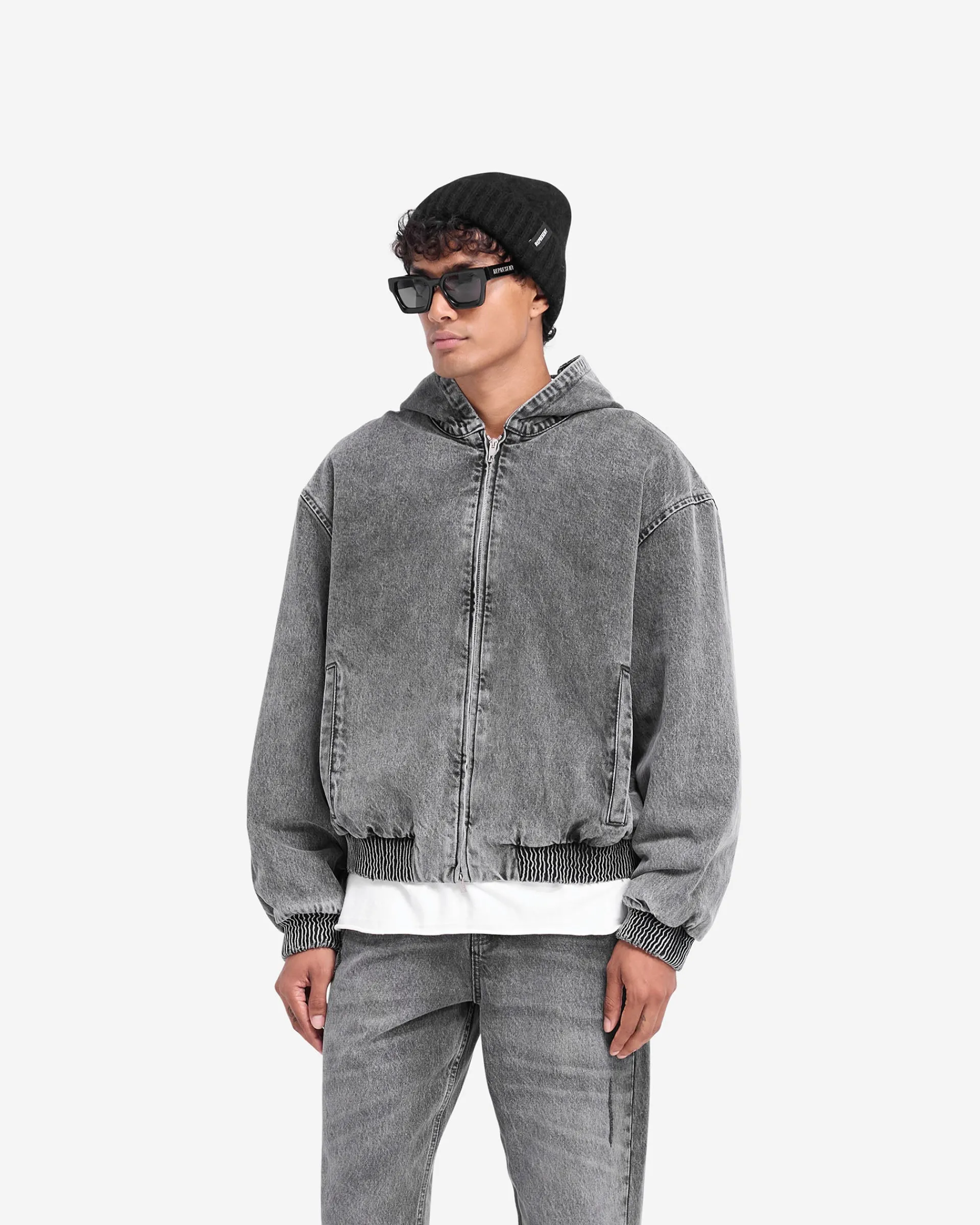 Represent R5 Hooded Denim Bomber - Charcoal Grey> Outerwear